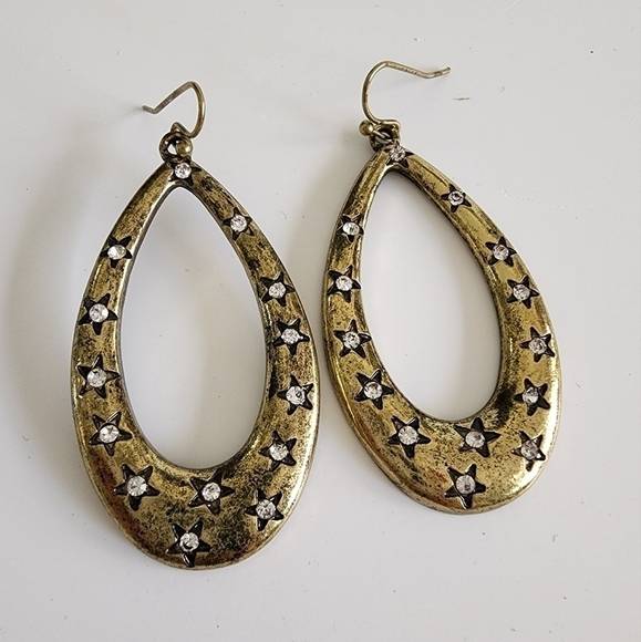 NWT Gold Embossed Star Rhinestone Teardrop Metal Earrings - Picture 3 of 8